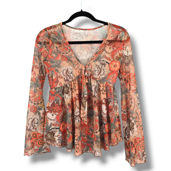 SHEIN Women's Mesh Sheer Floral Paisley Boho Bell Sleeve V Neck Top Size Small - Picture 1 of 11